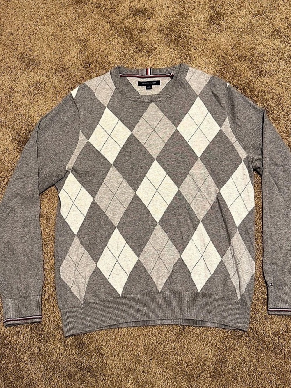 Tommy Hilfiger Sweater Mens Large Gray Pullover Long Sleeve Diamond Logo